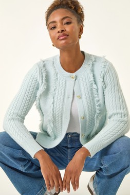 Roman Light Blue Fringe Knit Cardigan