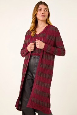 Roman Red Shimmer Stitch Longline Knit Cardigan