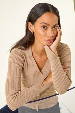 Roman Dusk Natural Collared V-Neck Knit Top