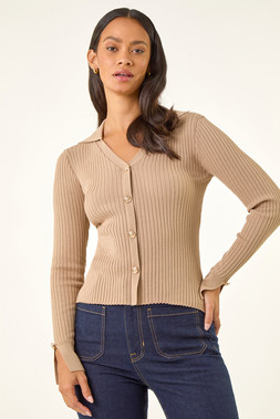 Roman Dusk Natural Collared V-Neck Knit Top