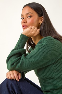 Roman Dusk Forest Green Ribbed blouson sleeve jumper