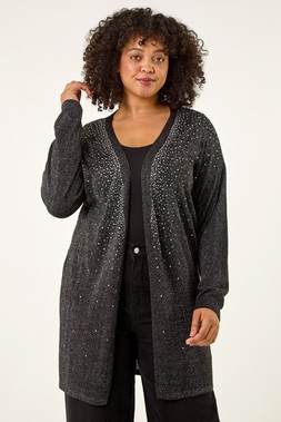 Roman Curve Black Hotfix Longline Knit Cardigan