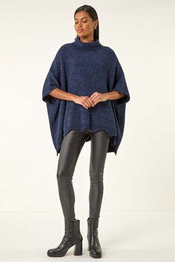 Navy Roll Neck Chenille Knit Poncho