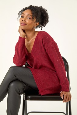 Roman Petite Wine Sparkle V-Neck Knit Jumper