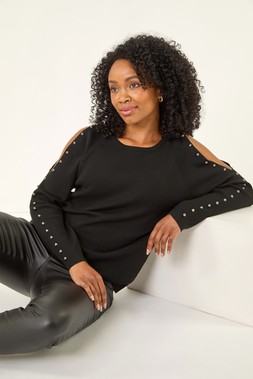 Roman Petite Black Stud Sleeve Knit Jumper