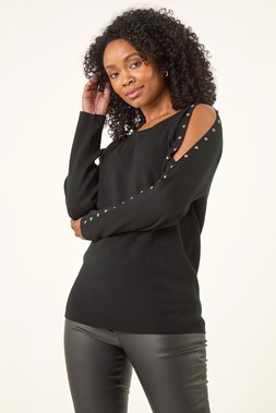 Roman Petite Black Stud Sleeve Knit Jumper