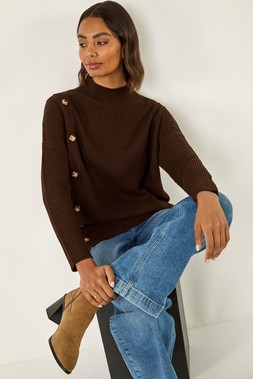 Roman Chocolate Side Buttoned Knit Jumper