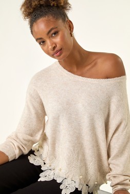 Roman Beige Floral Lace Trim Knit Jumper