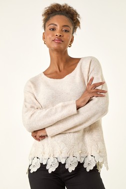 Roman Beige Floral Lace Trim Knit Jumper
