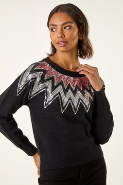 Roman Black Sequin Neckline Knit Jumper