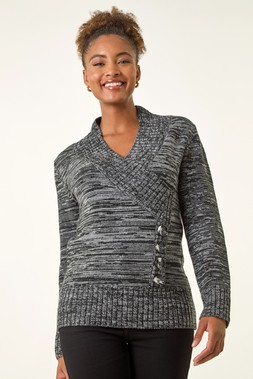 Roman Dark Grey Longline Buttoned Knit Jumper