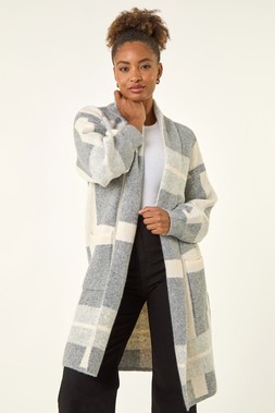 Roman Grey Check Longline Pocket Cardigan