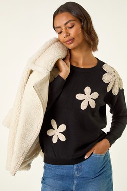 Roman Black Floral Lace Knit Jumper