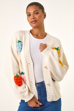 Roman Ivory Fruit Embroidered Knit Cardigan