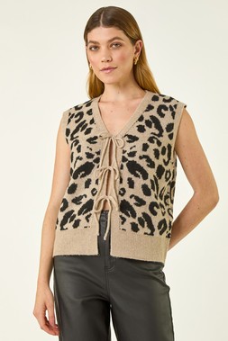 Roman Tan Animal Print Tie Front Knit Top