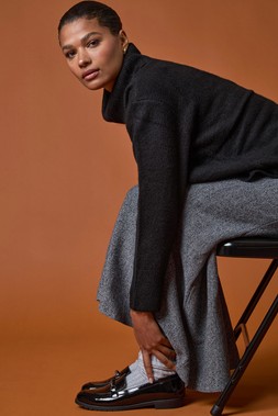 Roman Grey Knitted Elastic Waist A Line Midi Skirt