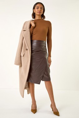 Roman Chocolate Faux Leather Ruched Wrap Skirt