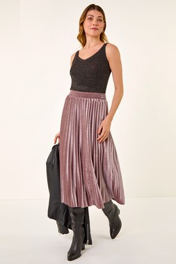 Roman Rose Velvet Pleated Midi Skirt