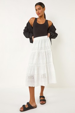 Roman Ivory Broderie Cotton A-Line Midi Skirt