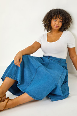 Roman Curve Indigo Cotton Denim Swing Skirt