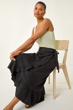 Roman Side Tie Frill Wrap Midi Skirt