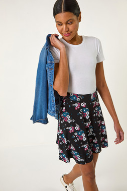 Roman Black Floral Print Skater Stretch Skirt