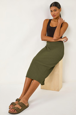 Roman Khaki Textured Stretch Midi Skirt