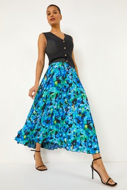 Roman Multi Abstract Print Pleated Skirt