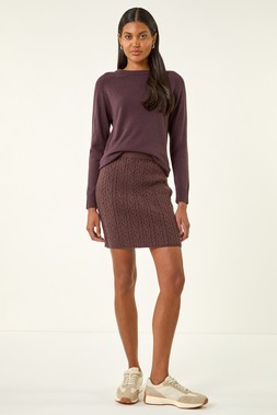 Roman Chocolate Cable Knitted Elastic Waist Skirt