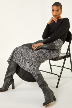 Roman Grey Paisley Print Stretch Midi Skirt