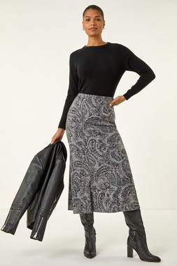 Roman Grey Paisley Print Stretch Midi Skirt
