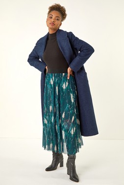 Roman Petrol Blue Abstract Print Mesh Overlay Skirt