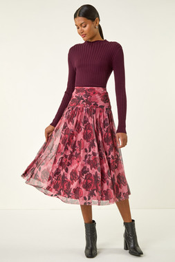 Roman Red Rose Print Mesh Layered Skirt