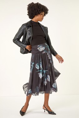 RomanBlack Floral Print Mesh Layered Skirt