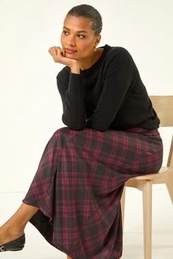 Roman Wine Check Print Midi Stretch Skirt