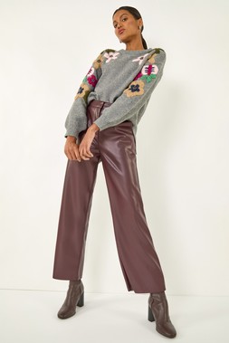 Roman Wine Faux Leather Wide Leg Crop Trousers