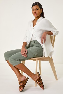 Roman Khaki Turn Up Stretch Cropped Cargo Trousers