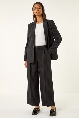 Roman Black Pinstripe Wide Leg Trousers
