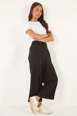 Roman Petite Black Cropped Wide Leg Stretch Trouser