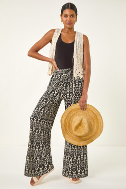 Roman Black Crinkle Print Tie Detail Trousers