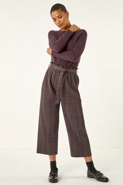 Grey Textured Check Belted Culottes