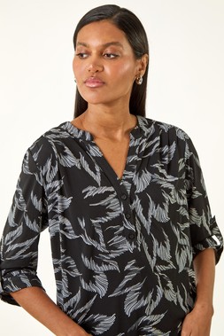 Roman Light Grey Leaf Print V-Neck Stretch Shirt