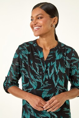 Roman Teal Leaf Puff Print Stretch Top