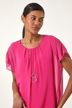 Roman Cerise Chiffon Jersey Blouson Top With Necklace