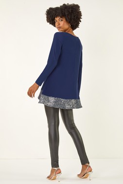 Navy Sequin Hem Tunic Stretch Top