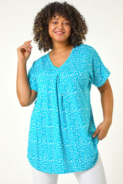 Roman Curve Aqua Pleat Front Printed Stretch Top