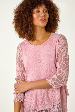 Roman Light Pink Burnout Rose Detail Asymmetric Top