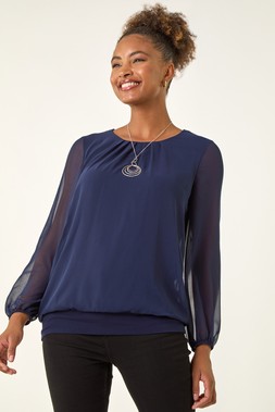Roman Chiffon Banded Hem Pleated Necklace Top
