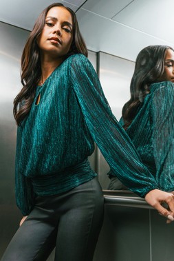 Roman Petite Teal Crinkle Keyhole Sparkly Top