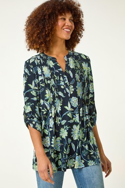 Roman Lime Floral Print Pintuck Shirt